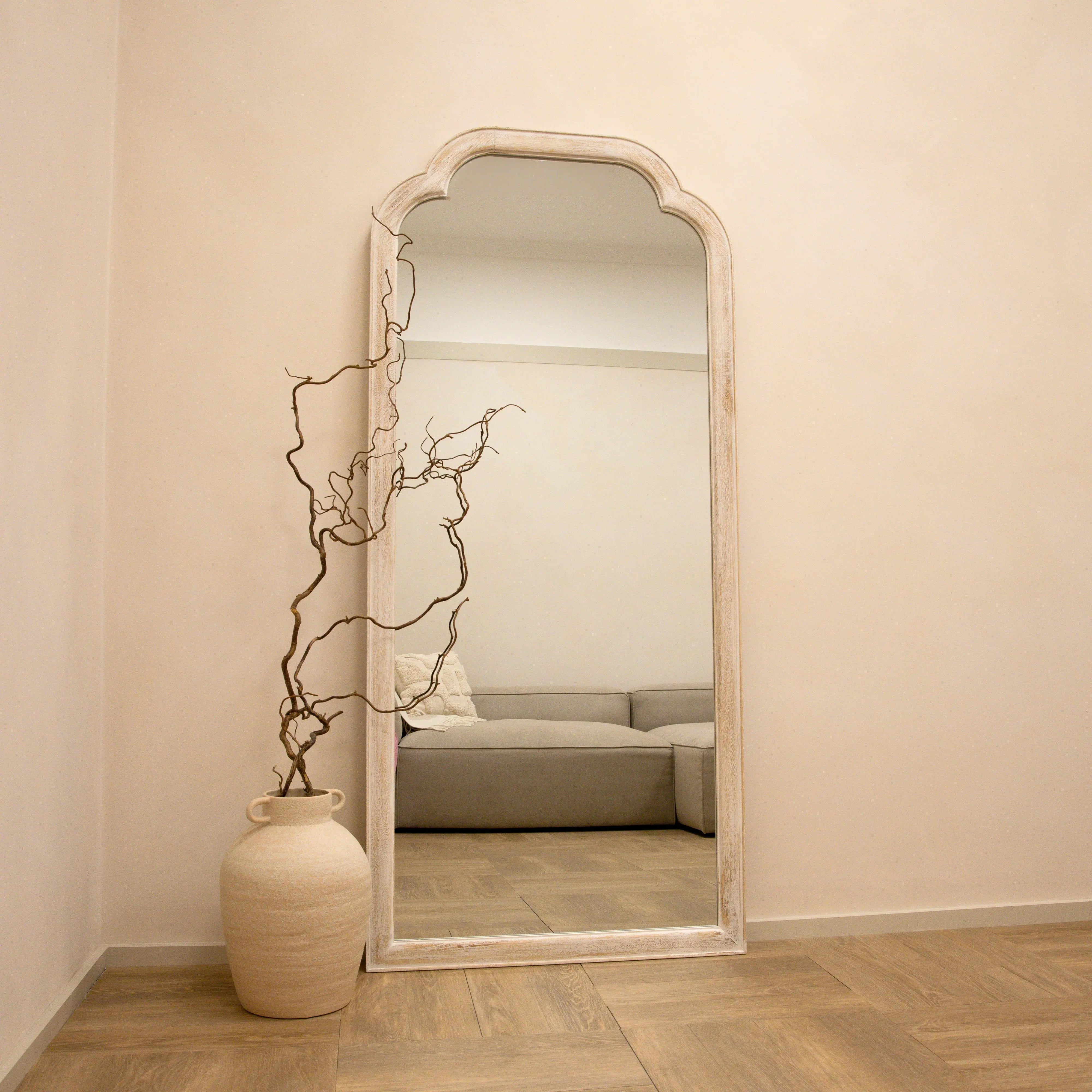 Elena - Miroir Arqué Pleine Longueur en Bois Lavé Blanc - 170 cm x 75 cm Center Kasa