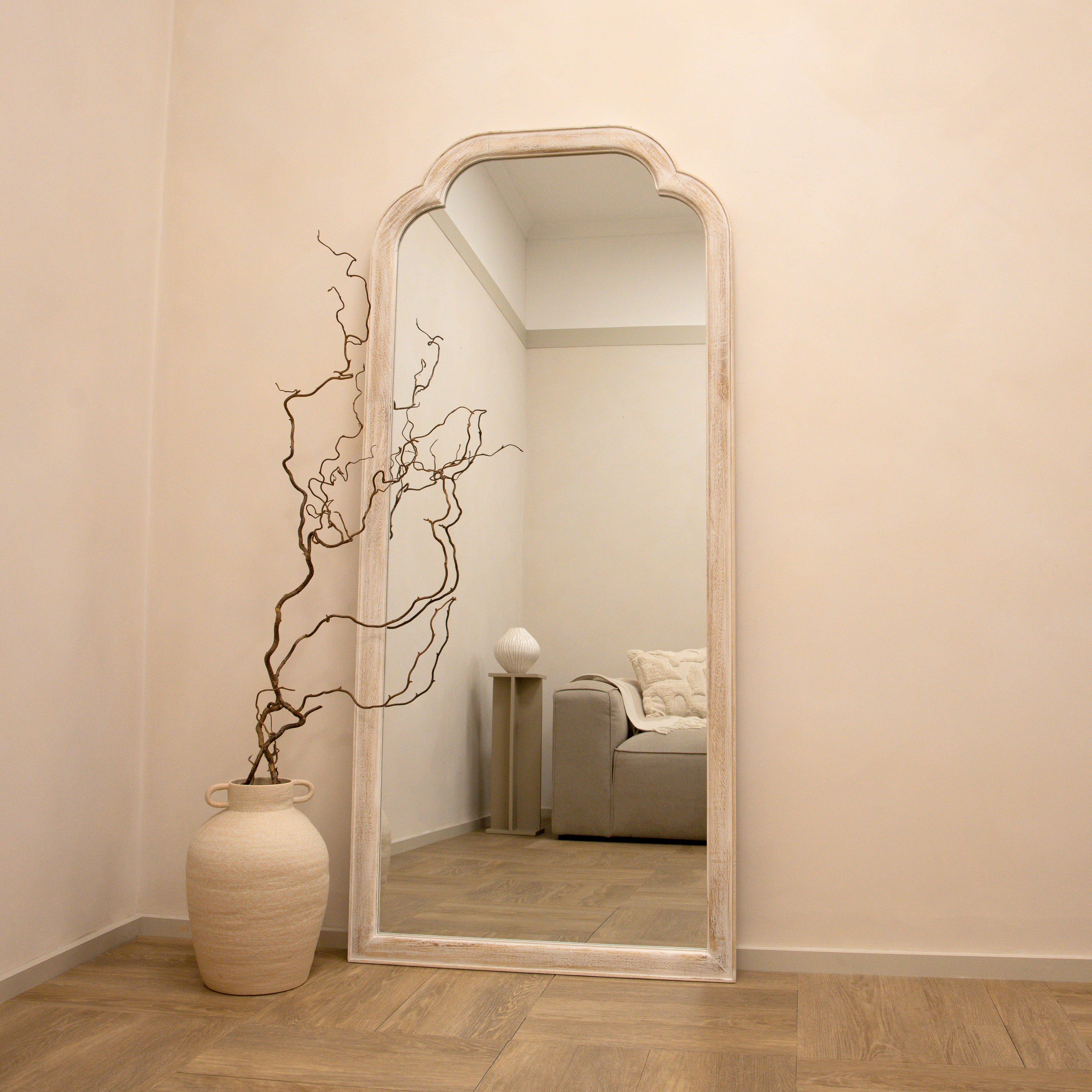 Elena - Miroir Arqué Pleine Longueur en Bois Lavé Blanc - 170 cm x 75 cm Center Kasa